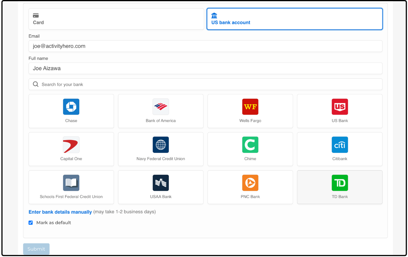 US bank account tab with the bank list and Enter bank details manually link
