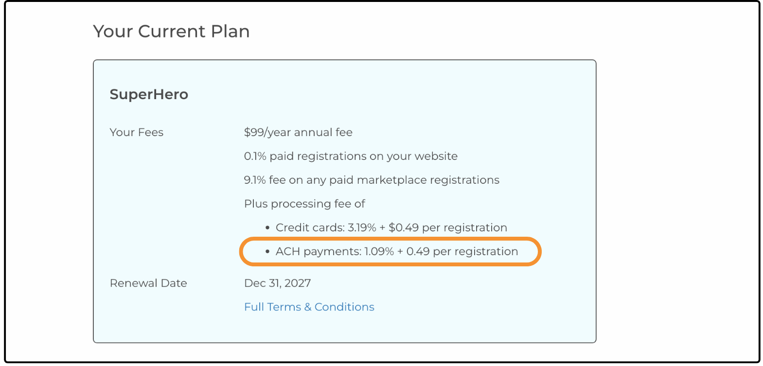 Your Current Plan page with the ACH payments processing fee highlighted