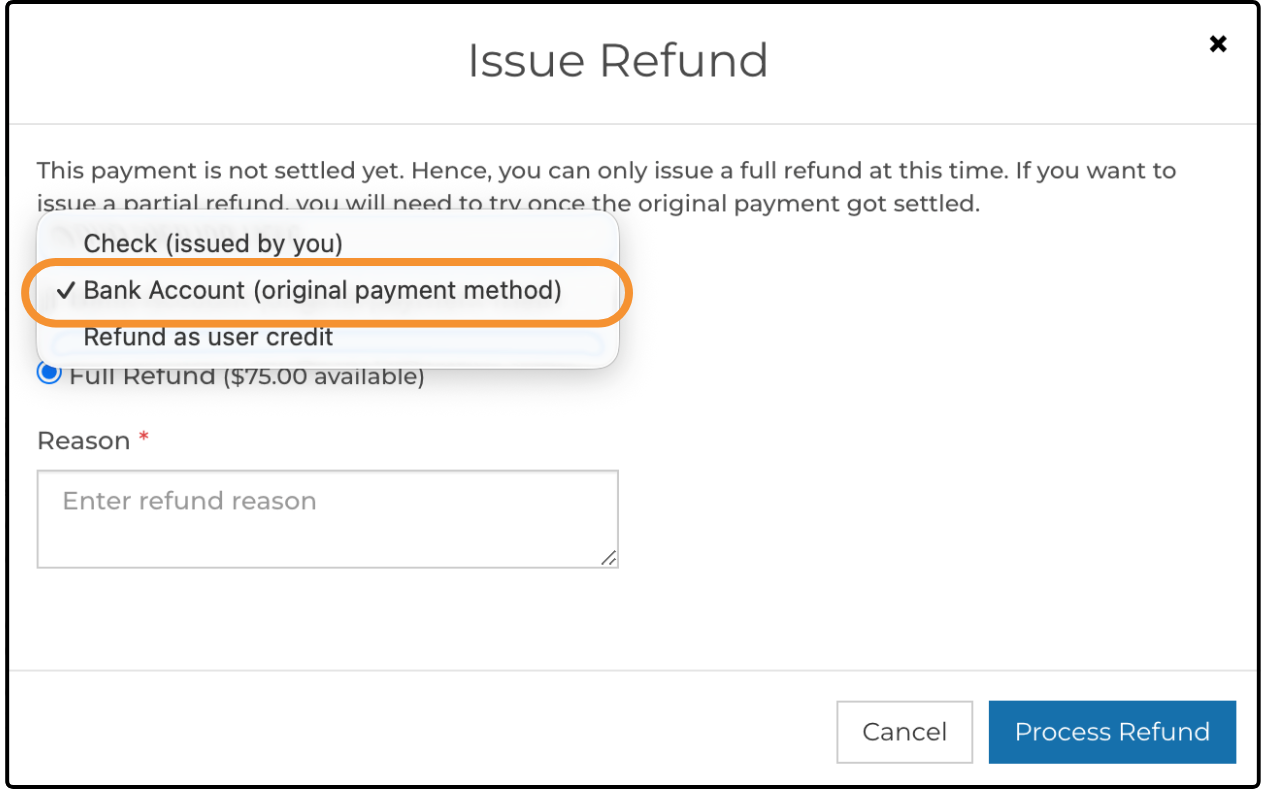 Issue Refund dialog with Bank Account (original payment method) selected in the refund method list