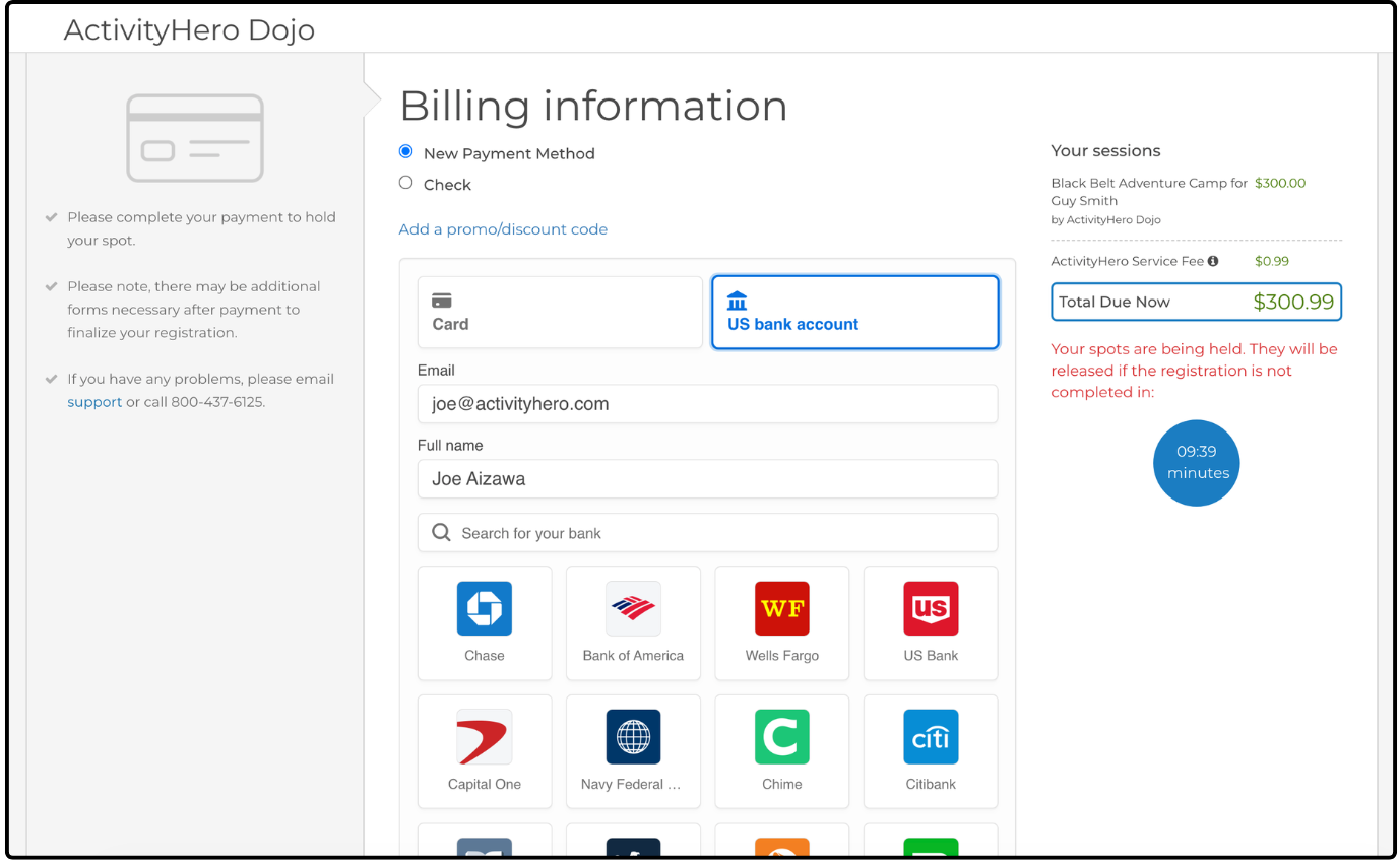 Billing information page at checkout with the US bank account tab selected