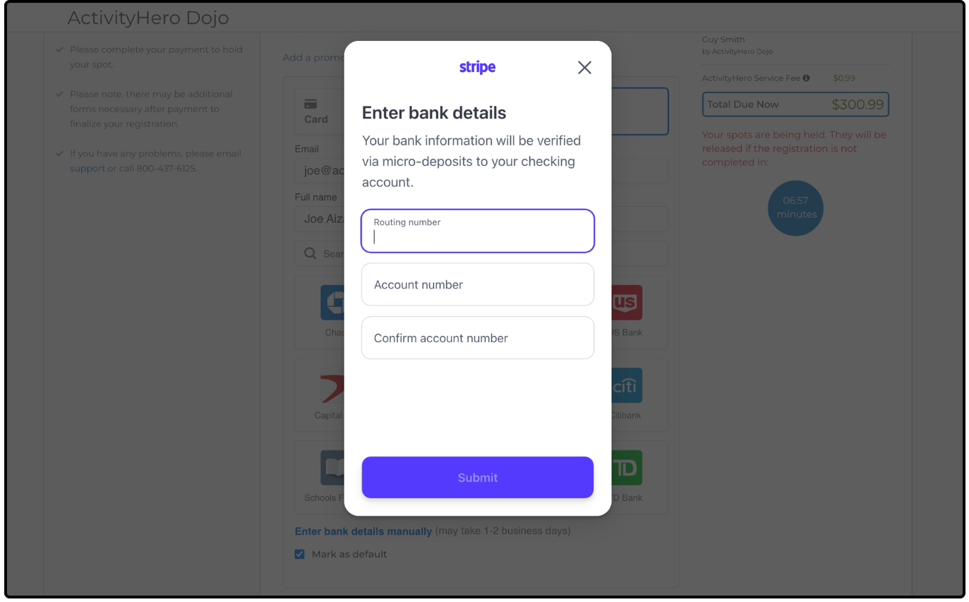 Stripe Enter bank details dialog with Routing number and Account number fields