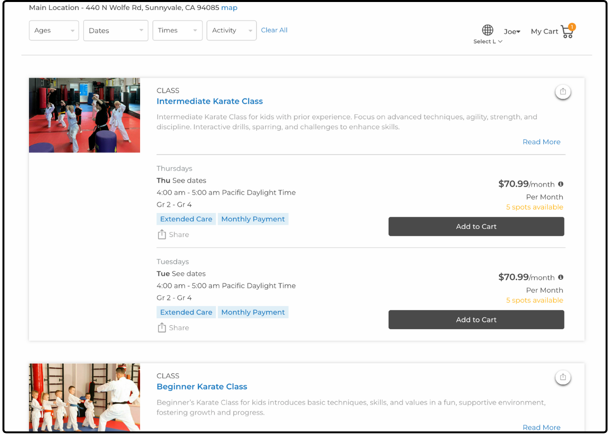 List View widget displaying classes with photos, filters, prices, and Add to Cart buttons