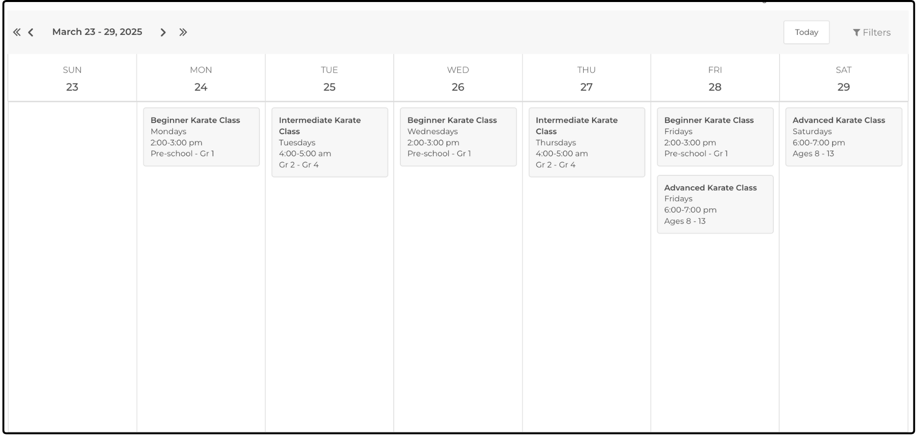 Calendar View widget showing one week of classes without photos