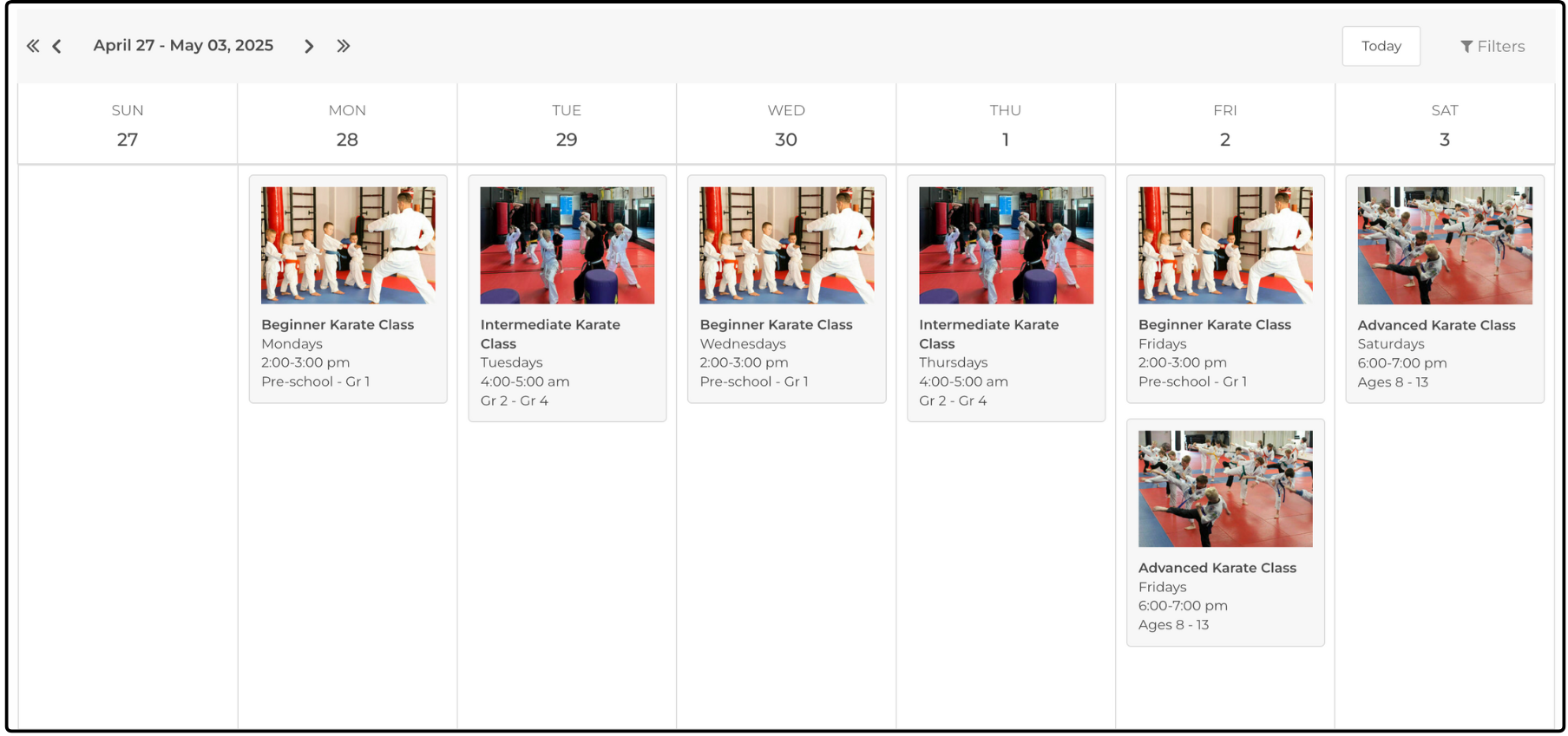 Calendar View widget showing one week of classes with photos
