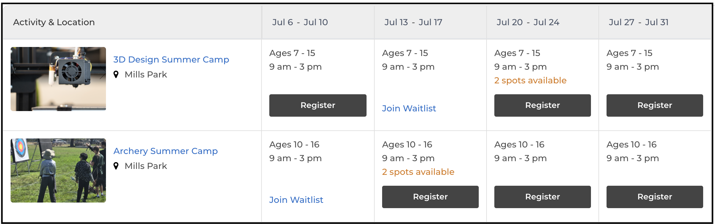 Table View widget showing summer camps by week with Register and Join Waitlist buttons