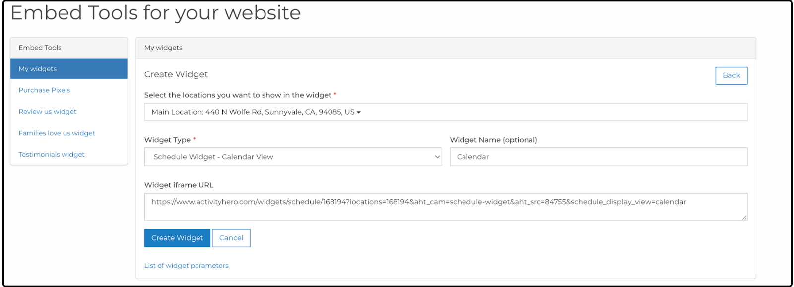 Create Widget page on the Embed Tools for your website page