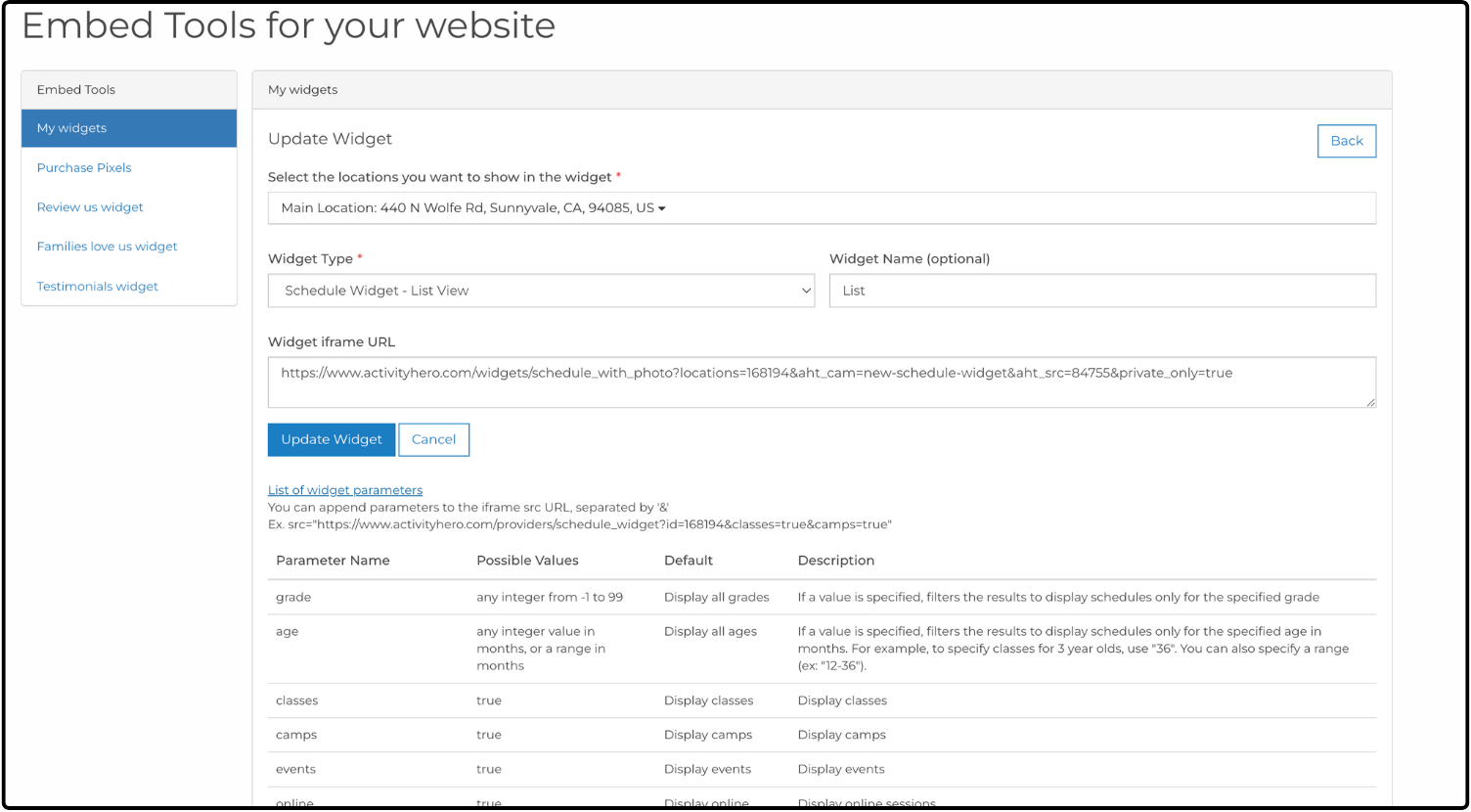 Update Widget page on the Embed Tools for your website page