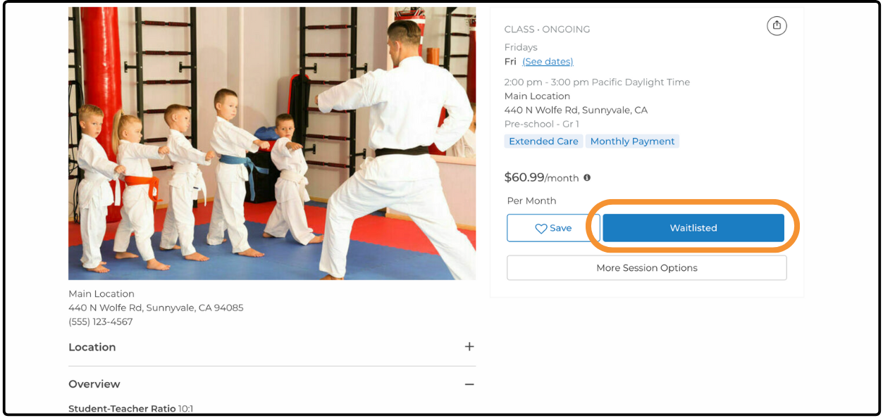 Session detail page for a full class with the Waitlisted button highlighted