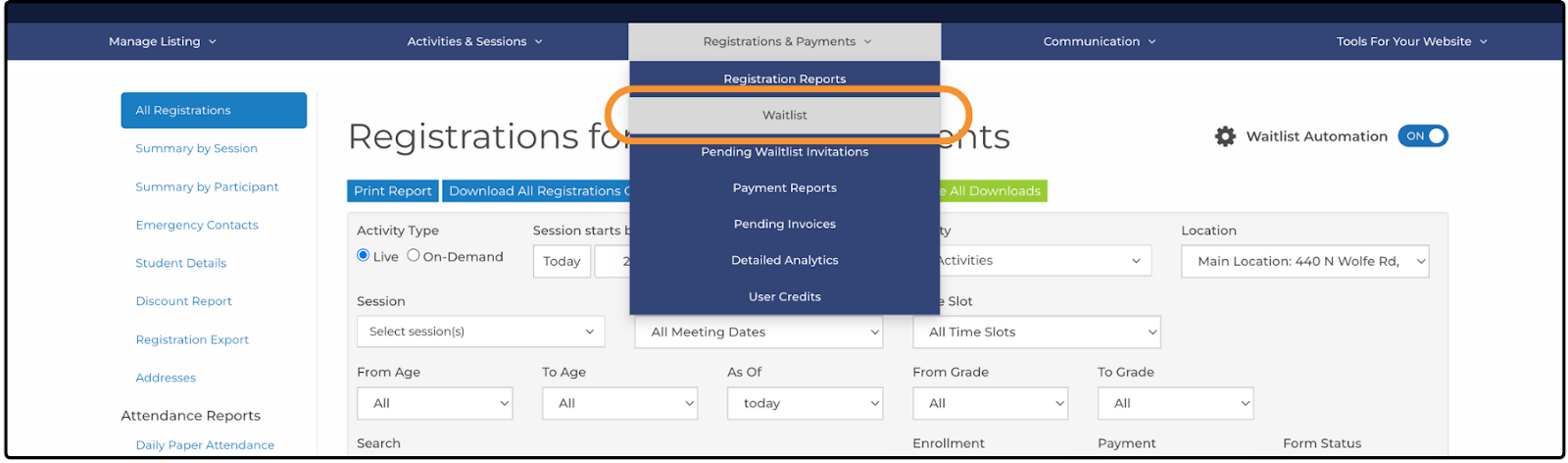 Registrations & Payments menu open with Waitlist highlighted