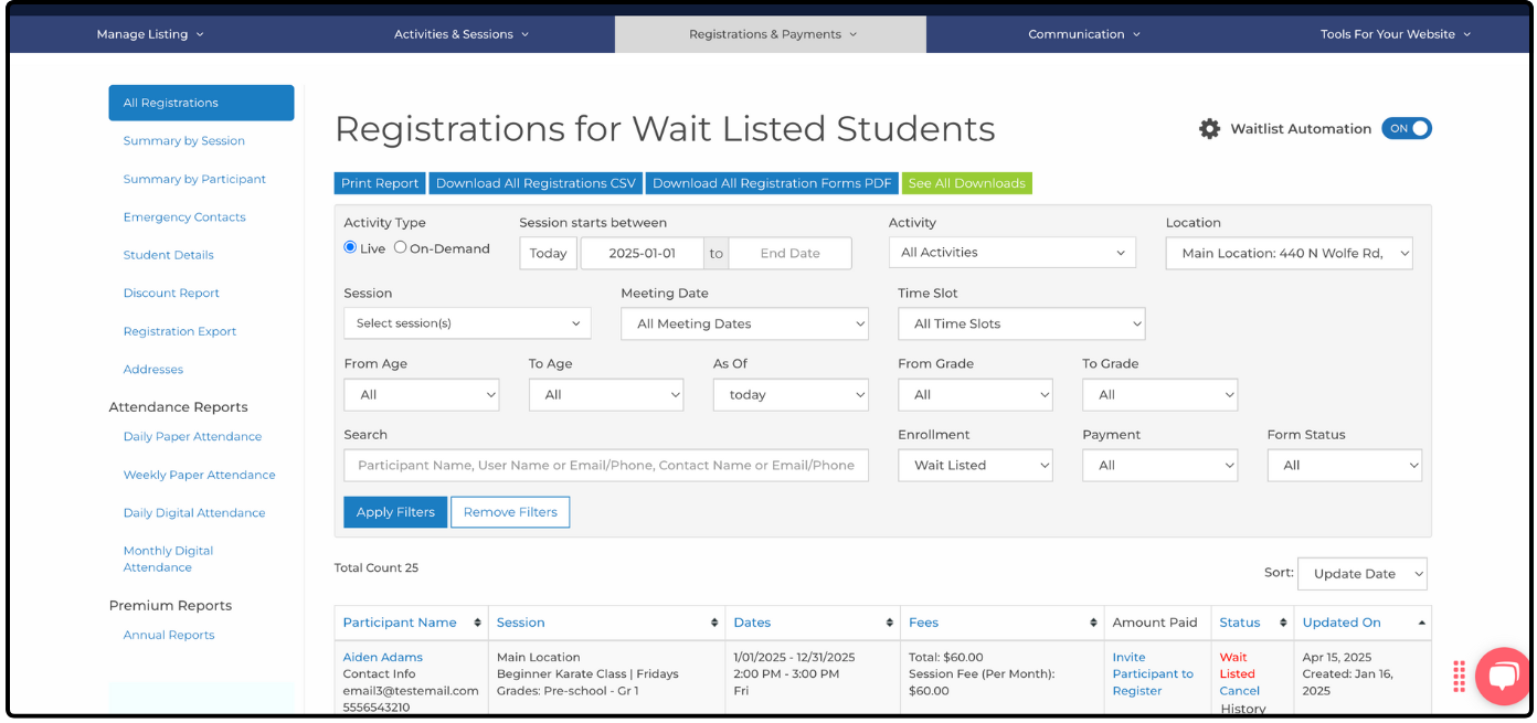 Registrations for Wait Listed Students page with filters and the waitlist columns