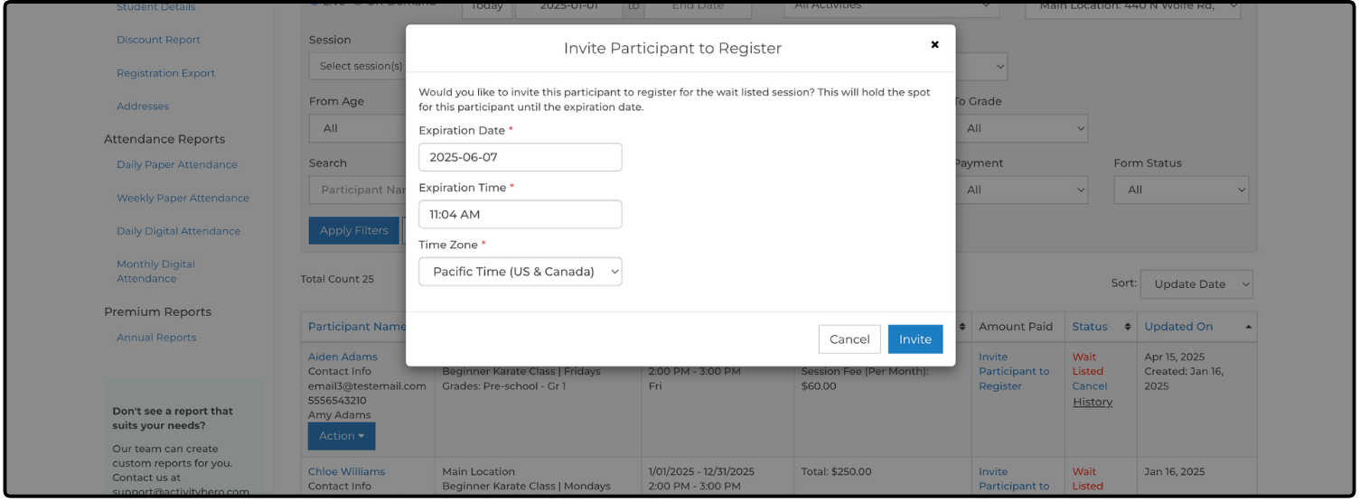Invite Participant to Register dialog with Expiration Date, Expiration Time, and Time Zone fields