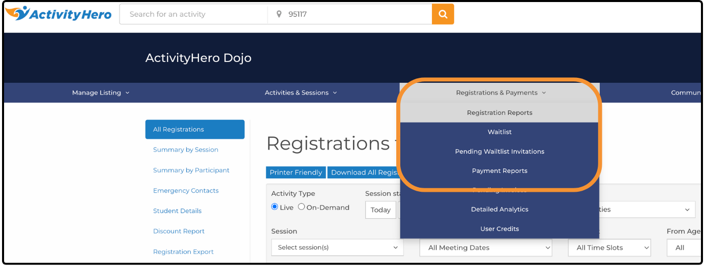Registrations for All Students page with the Registrations & Payments menu open