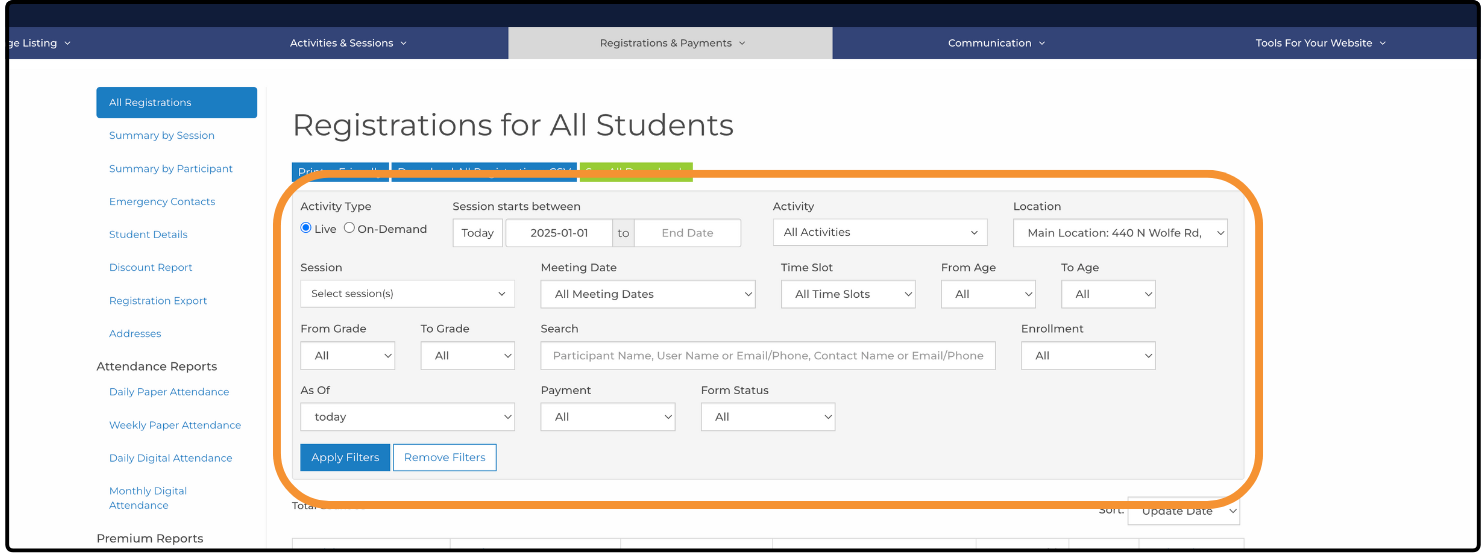 Registrations for All Students page with the filter panel highlighted