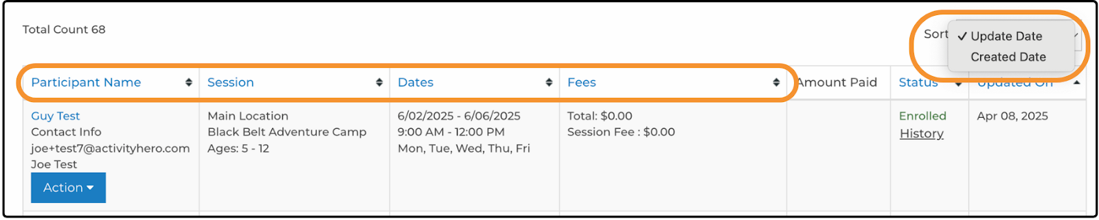 Registration list with sortable column headers and the Sort dropdown menu open