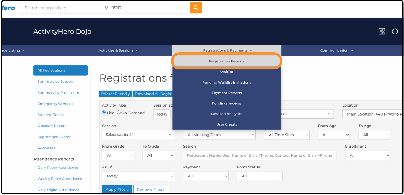 Registrations & Payments menu with Registration Reports highlighted