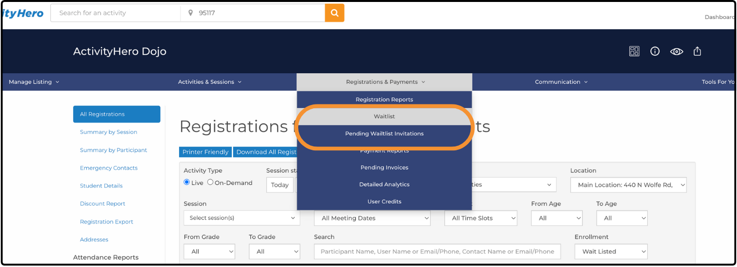 Registrations & Payments menu with Waitlist and Pending Waitlist Invitations highlighted