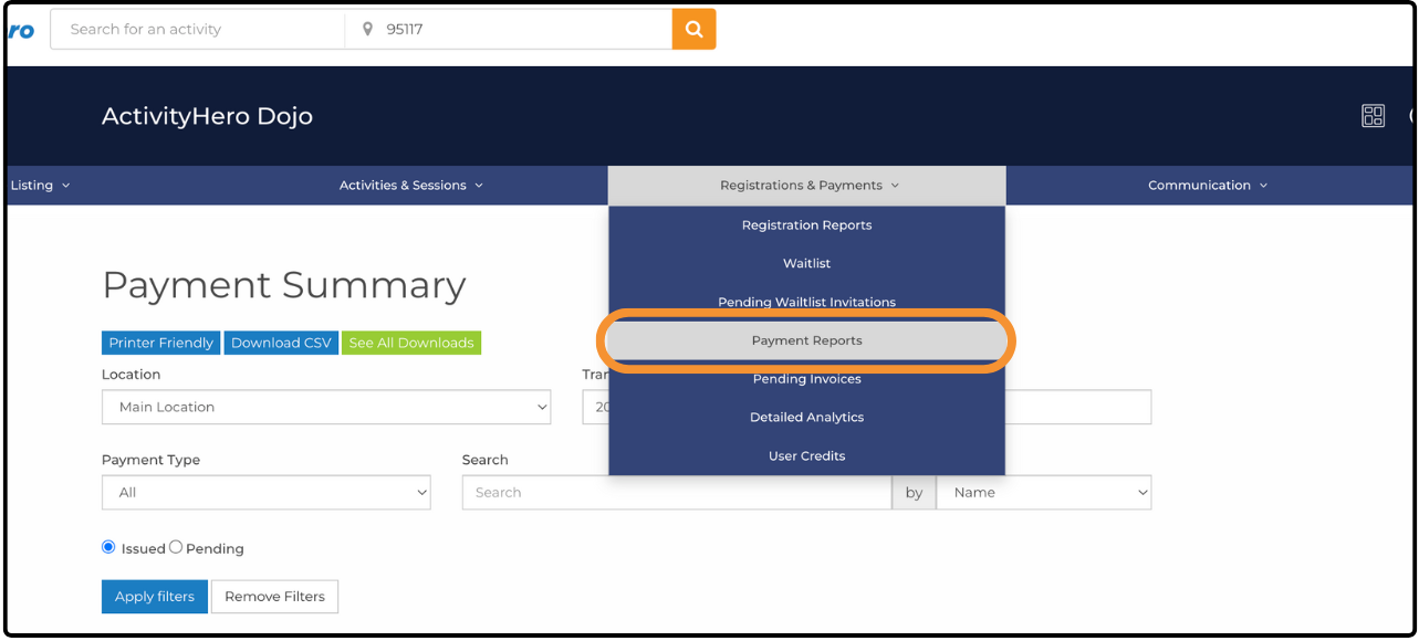 Payment Summary page with Payment Reports highlighted in the Registrations & Payments menu