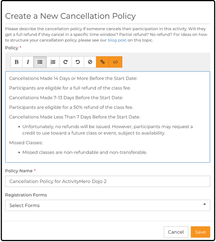 Create a New Cancellation Policy page with a sample policy and Policy Name filled in