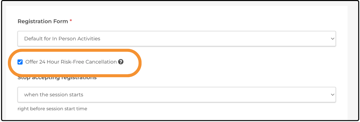 Activity description tab with the Offer 24 Hour Risk-Free Cancellation checkbox selected
