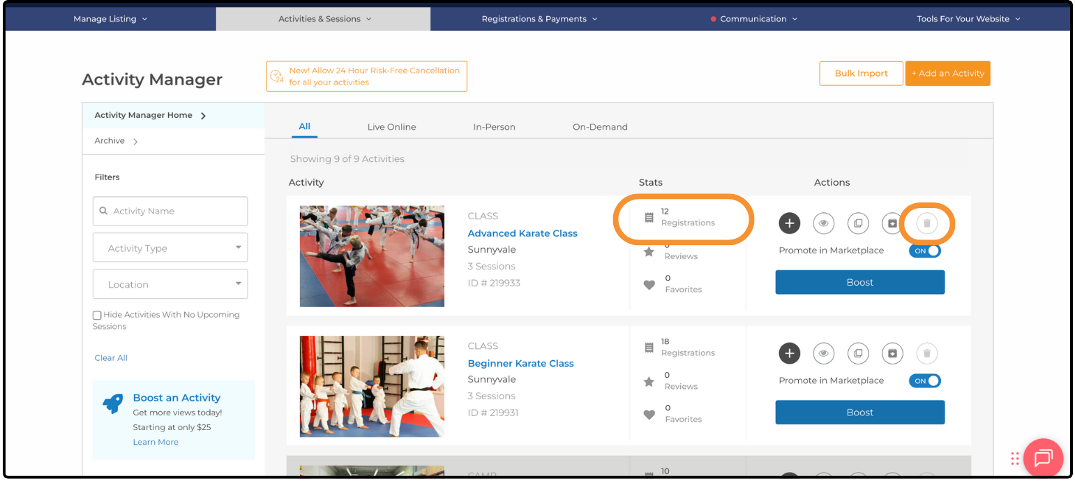 Activity Manager list highlighting the Registrations count and the disabled trashcan icon