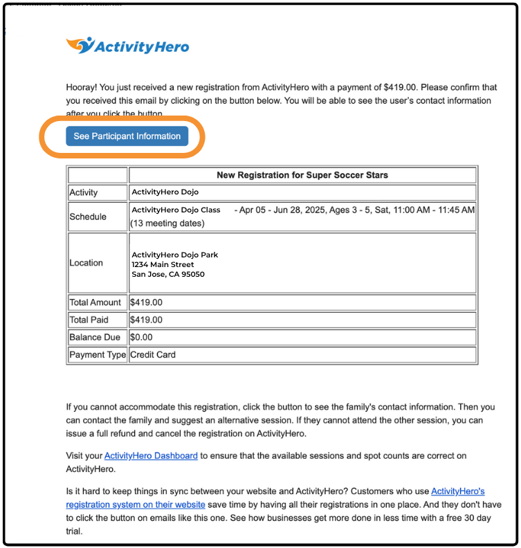 New registration email with the See Participant Information button highlighted above the order details