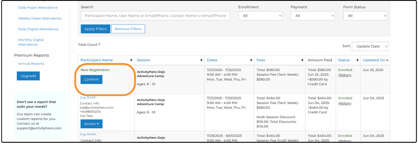 Registration Reports page with the Confirm button on an unconfirmed New Registration highlighted