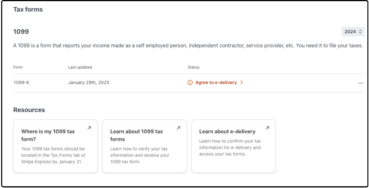 Stripe Express Tax forms page with the 1099-K row showing Agree to e-delivery