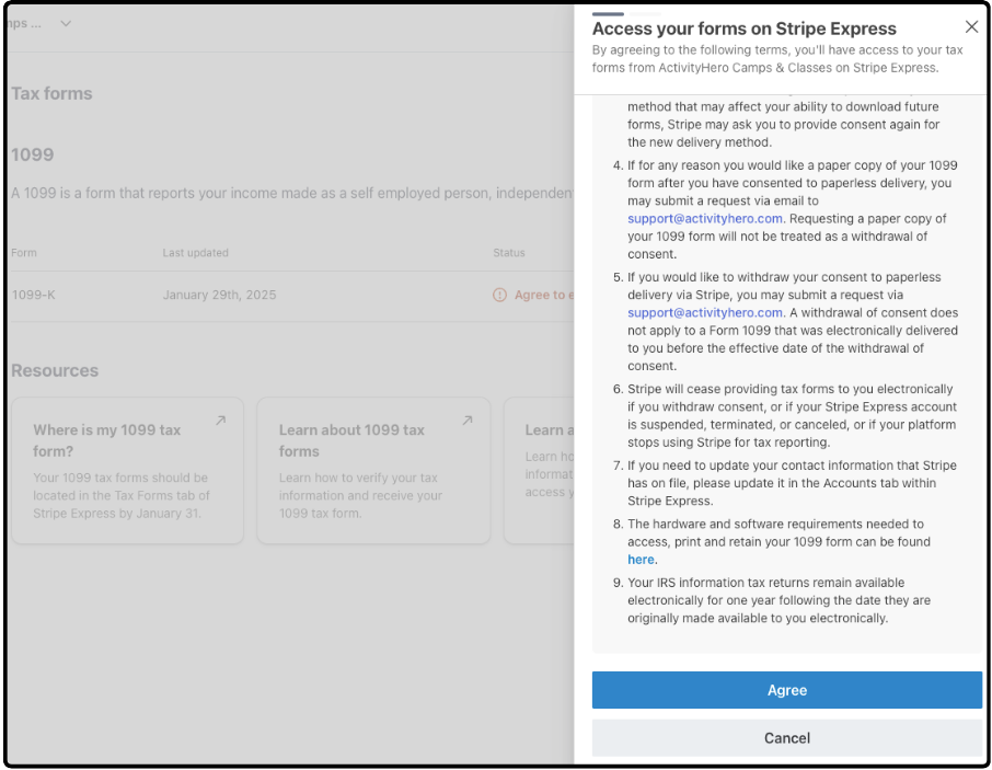 Access your forms on Stripe Express panel listing e-delivery disclosures with Agree and Cancel