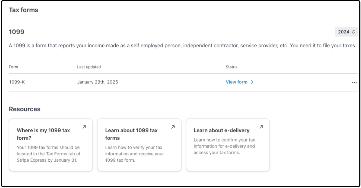 Stripe Express Tax forms page with the 1099-K row showing View form