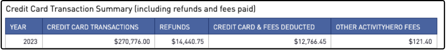 Credit Card Transaction Summary table with transactions, refunds, and fees for one year